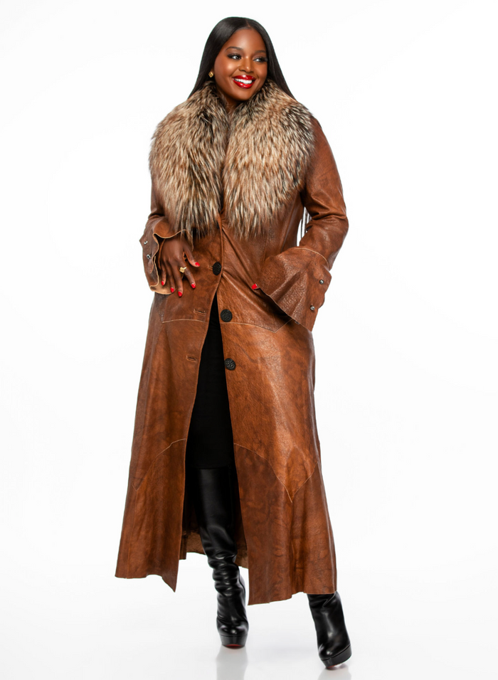 Eva Leather and Fur Coat (Cognac)