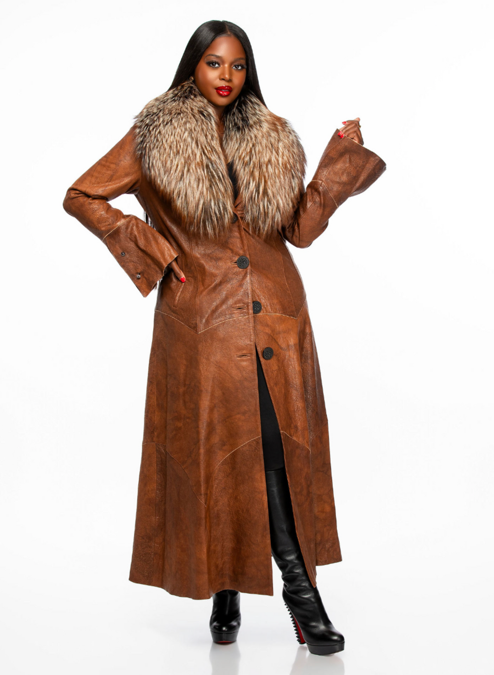 Eva Leather and Fur Coat (Cognac)