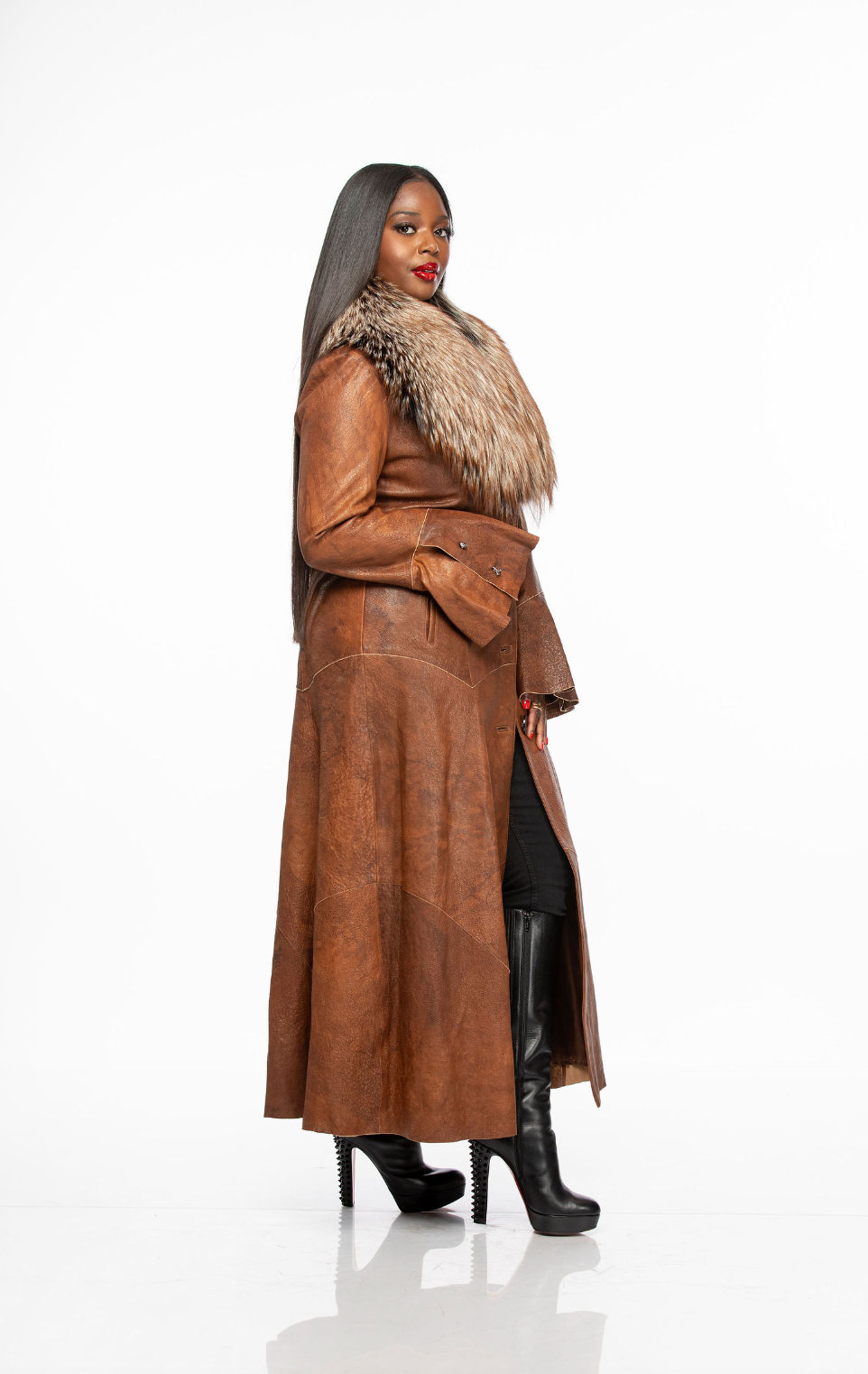 Eva Leather and Fur Coat (Cognac)