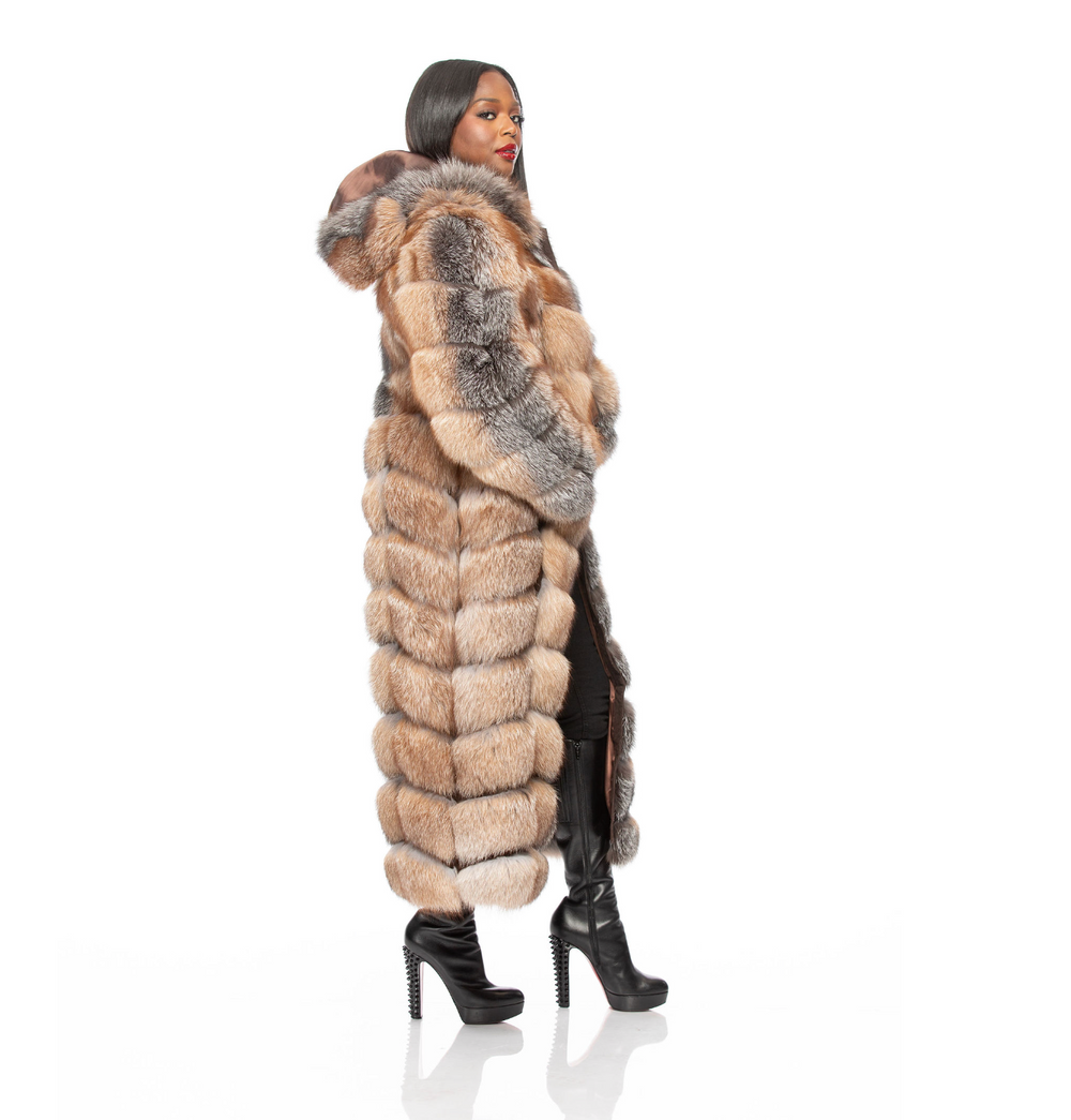 Crystal Gina Full Length Fox Fur Detachable Sleeves Detachable Hood