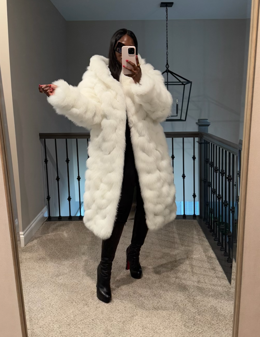 Size L white fur w/ hood and high split (snap closures on side)